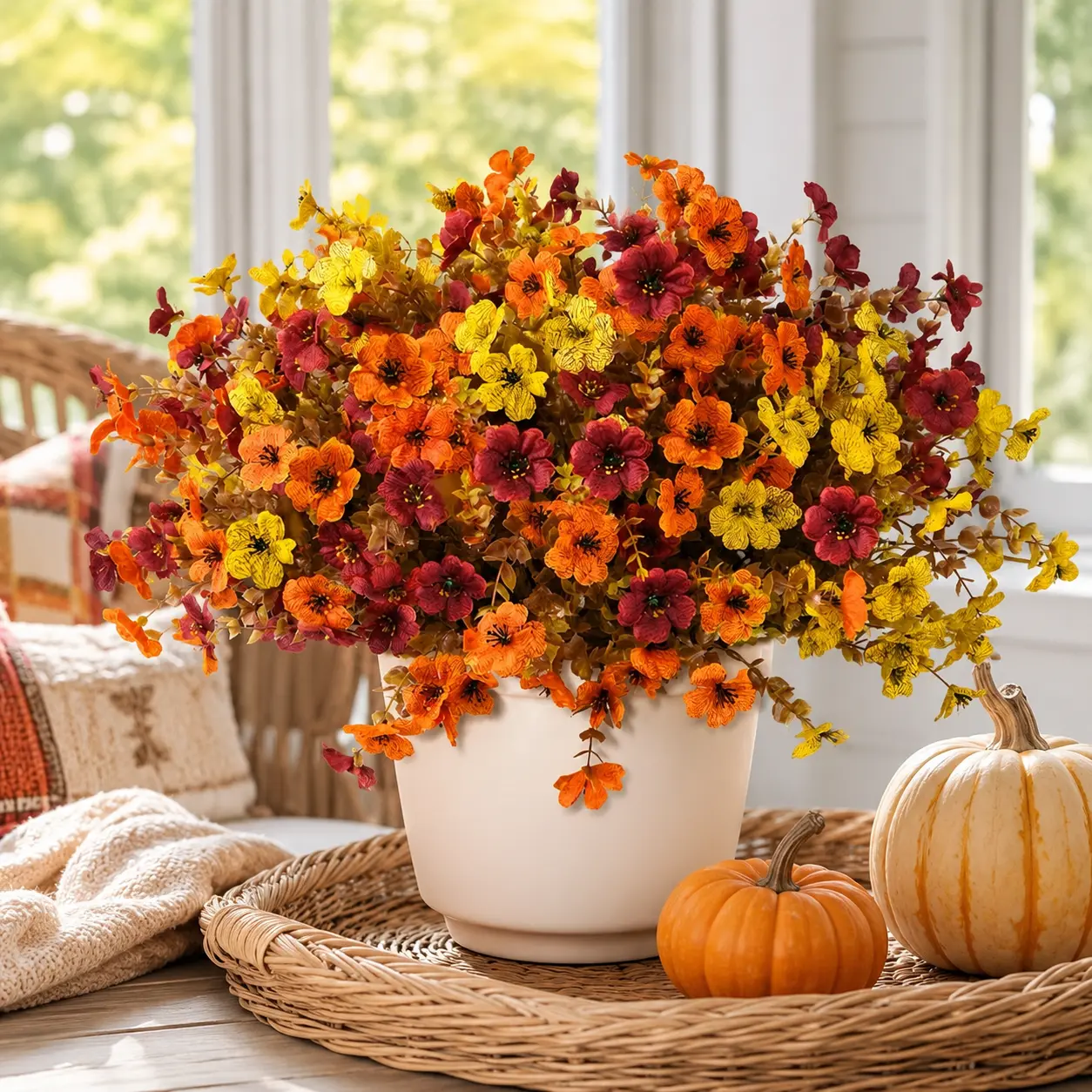 12-Bundle Orange-Burgundy Mixed Artificial Wildflower Bouquet - Fall Faux Decorative Flowers for Home Decor, Mantel, Garden Party Ornament