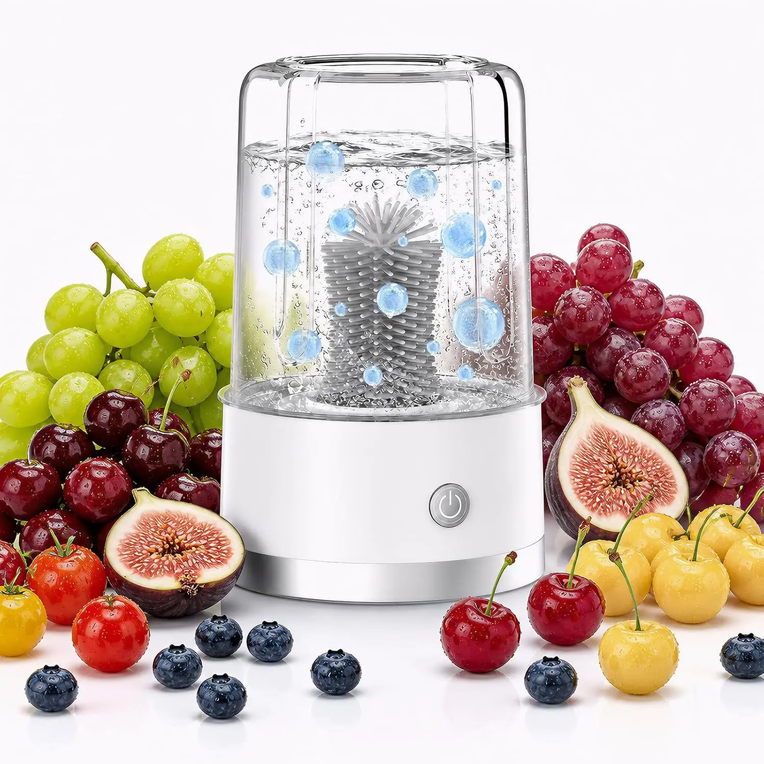 SEANCHEER W01 Electric Fruit Washer, Portable Fruit Cleaner Device with OH-Ion Technology | Produce Cleaner with 360° Rotating Silicone Brush & 3-Minute Cycle for Cherries, Grapes, Jujubes, Kumquats & Small Firm Fruit