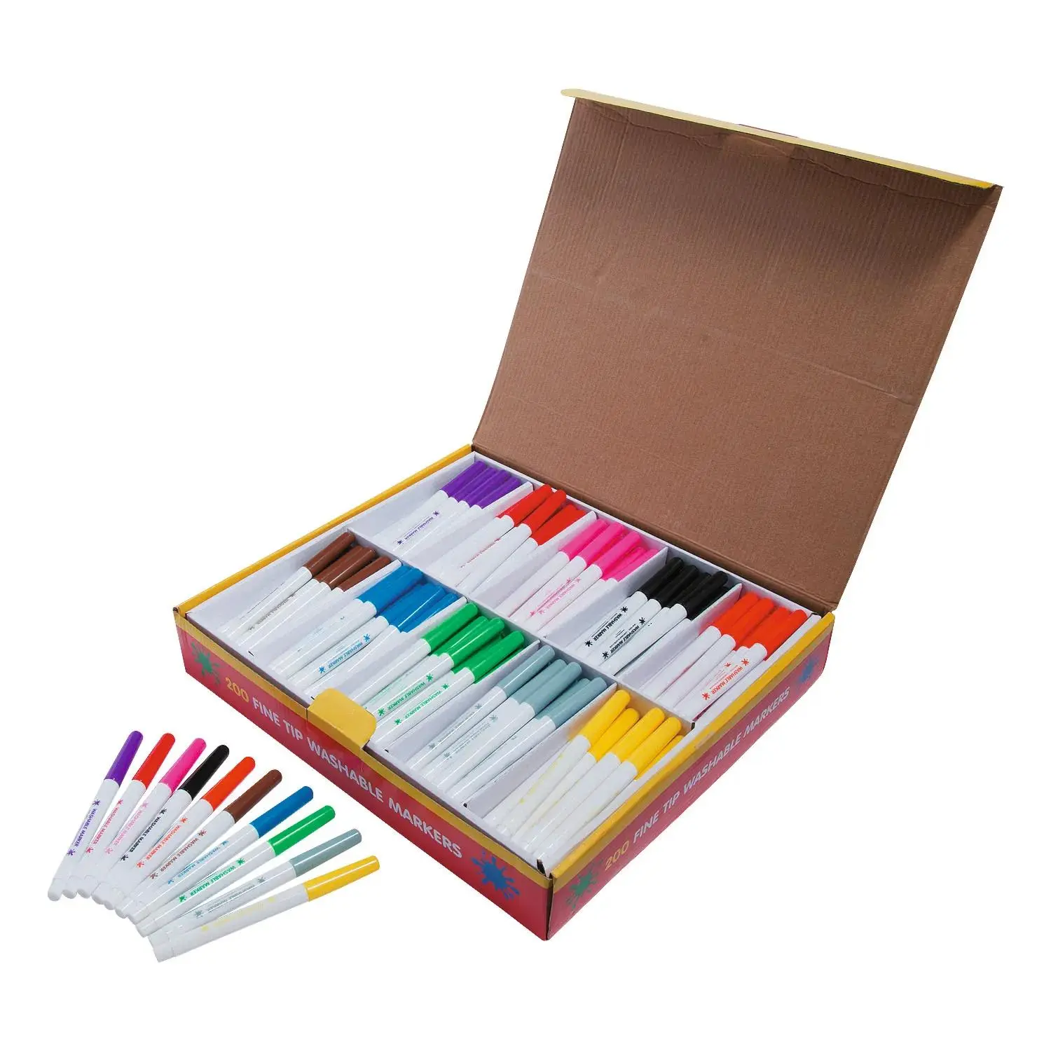 Oriental Trading Company (OTC) 5.5" Fine Tip Washable Assorted Colored Markers Bulk 200-Pc 10-Color Set, 13 1/4"x11 1/4"x2 1/2" Box, Art Drawing Supplies for 4-6 Years Kids, ASTM D-4236 Conformity