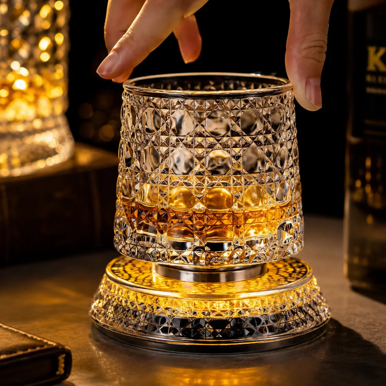 Whiskey Glass 260ml Rotating Crystal Spinning Tumbler with LED Light Base Clear for Home Bar Cocktails Father's Day Party