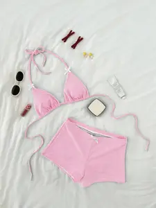 Women's Sweet Style Triangle Cup Bikini Set with Textured Design, Casual High-Waisted Bottoms, Perfect for Beach Vacation