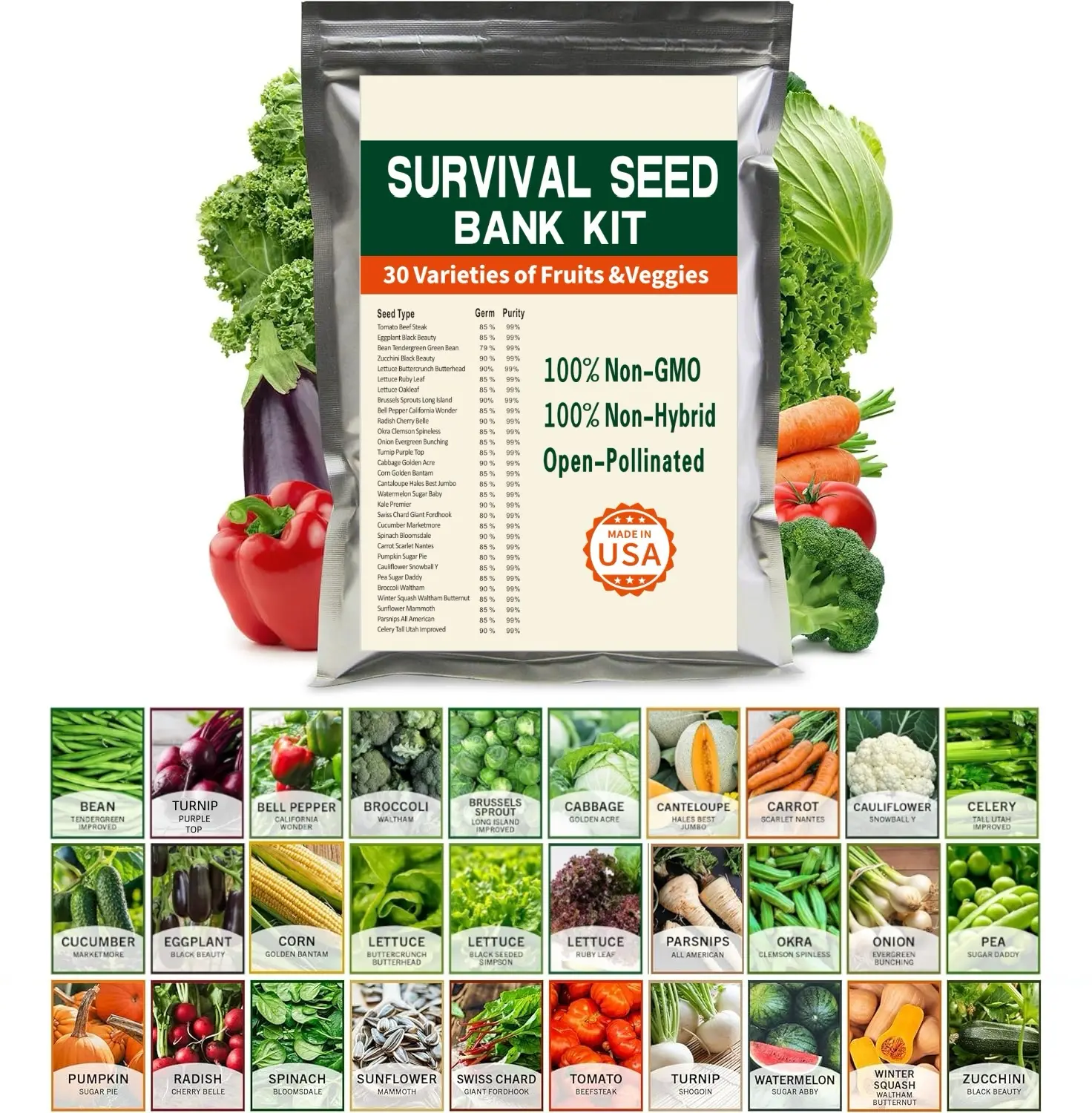 Set of 30 Premium Vegetable & Herb Seeds -30 Deluxe Variety Premium Vegetable & Herb Garden 100% Non-GMO Heirloom