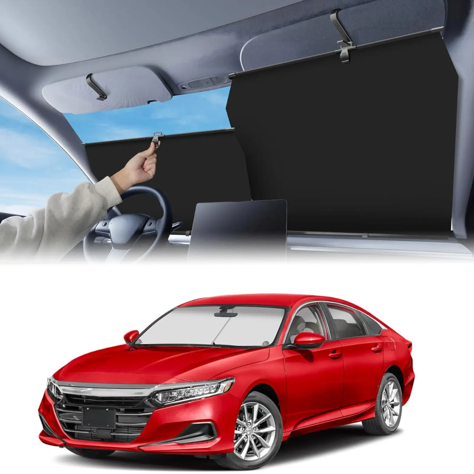 Windshield Cover Sun Shade for Car - Durable 420D Light Block Auto-Retract Outside Foldable Sun Visor, Anti-UV Heat Blocking Automotive Exterior Accessory for All Seasons