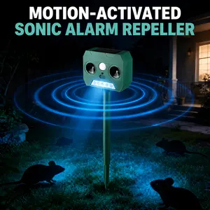 Solar Ultrasonic Animal Repeller 2-Pack, Motion Sensor Alarm Outdoor Deterrent for Cats, Dogs, Squirrels, Raccoons, Deer & Birds, IP44 Waterproof