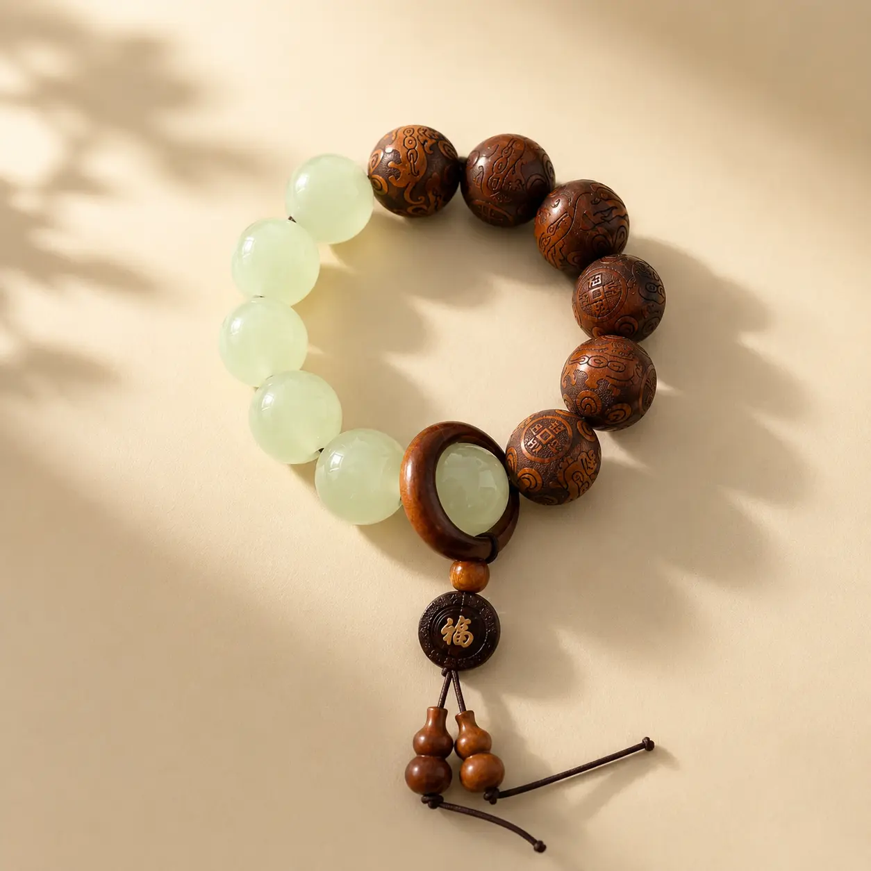 Wudang-Inspired Unisex Wood & Jade Tone Wooden Bead Bracelet - Blessed Spiritual Jewelry for Health, Love, Wealth, Career, Protection, Positive Energy, Balance, Confidence, Good Luck, Harmony Daily Wear Gift