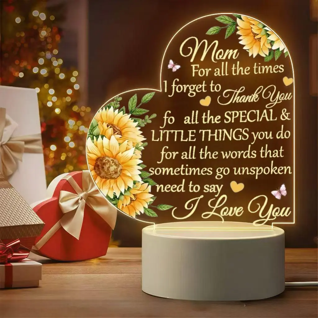 Heart Shaped Acrylic LED Night Light with Acrylic Body, Sunflower Motif & Butterfly Design, Sentimental Thank You Gift for Mom from Daughter-Son, Warm Bedroom Desk Lamp for Halloween-Christmas