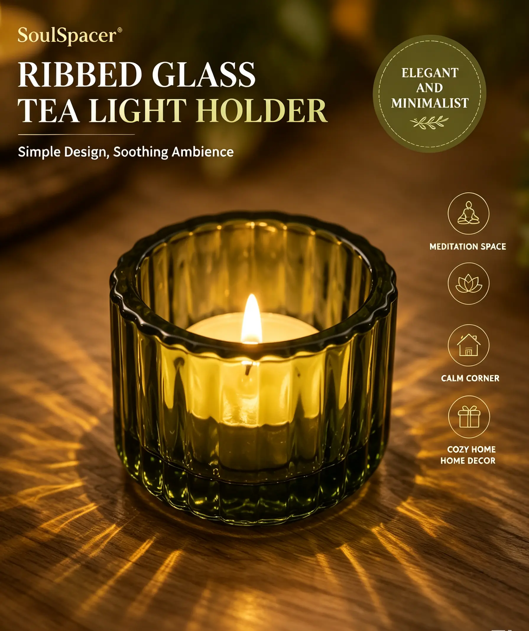SoulSpacer Ribbed Glass Candle Holder Set of 6, Clear Tea Light Candle Holders for Calm Corner, Meditation Space, Prayer Corner & Cozy Home Decor