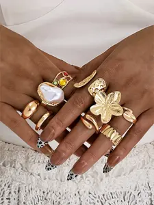 Women's Ring Set, Vintage Boho Style, Exaggerated Metal Mix, Stackable Rings, Irregular Geometric Design, Jewelry Gift