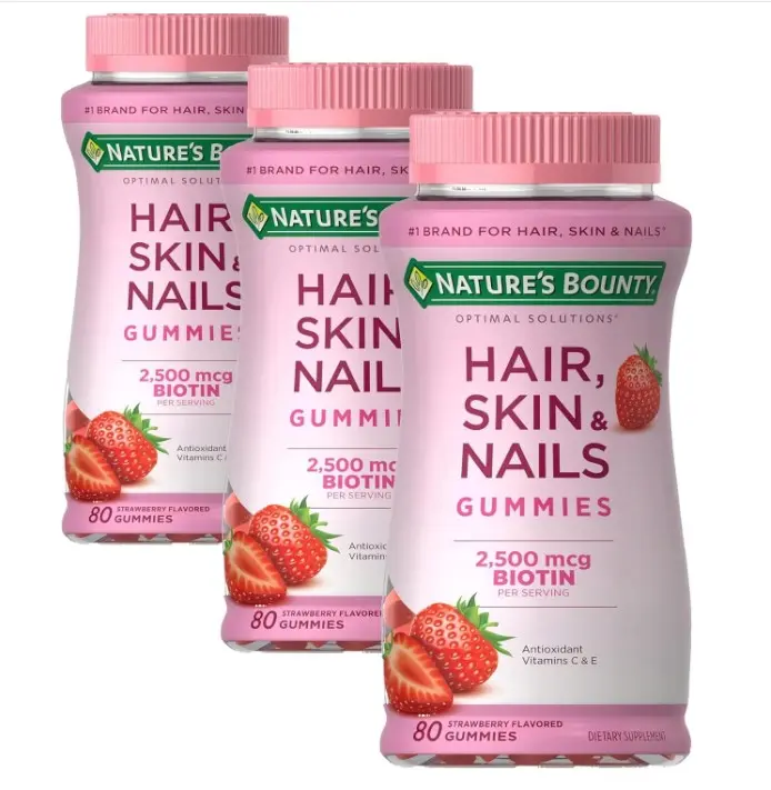 Nature's Bounty Optimal Solutions Hair,Skin & Nails Vitamin Gummies with Biotin,2500 mcg,Strawberry,80 Count (Pack of 3)
