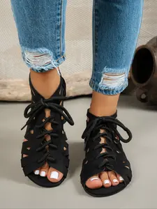 Fashion Roman Casual Trendy Sandals, Vintage Round Toe Flat Open Toe Shoes, Lace-Up Zipper Design, Summer Low Top Casual Women's Footwear
