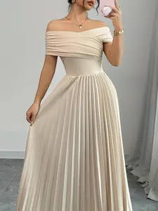 Women'S Elegant Off-Shoulder Ruched Dress Summer off-the-shoulder one-line collar temperament slim pleated chest dress