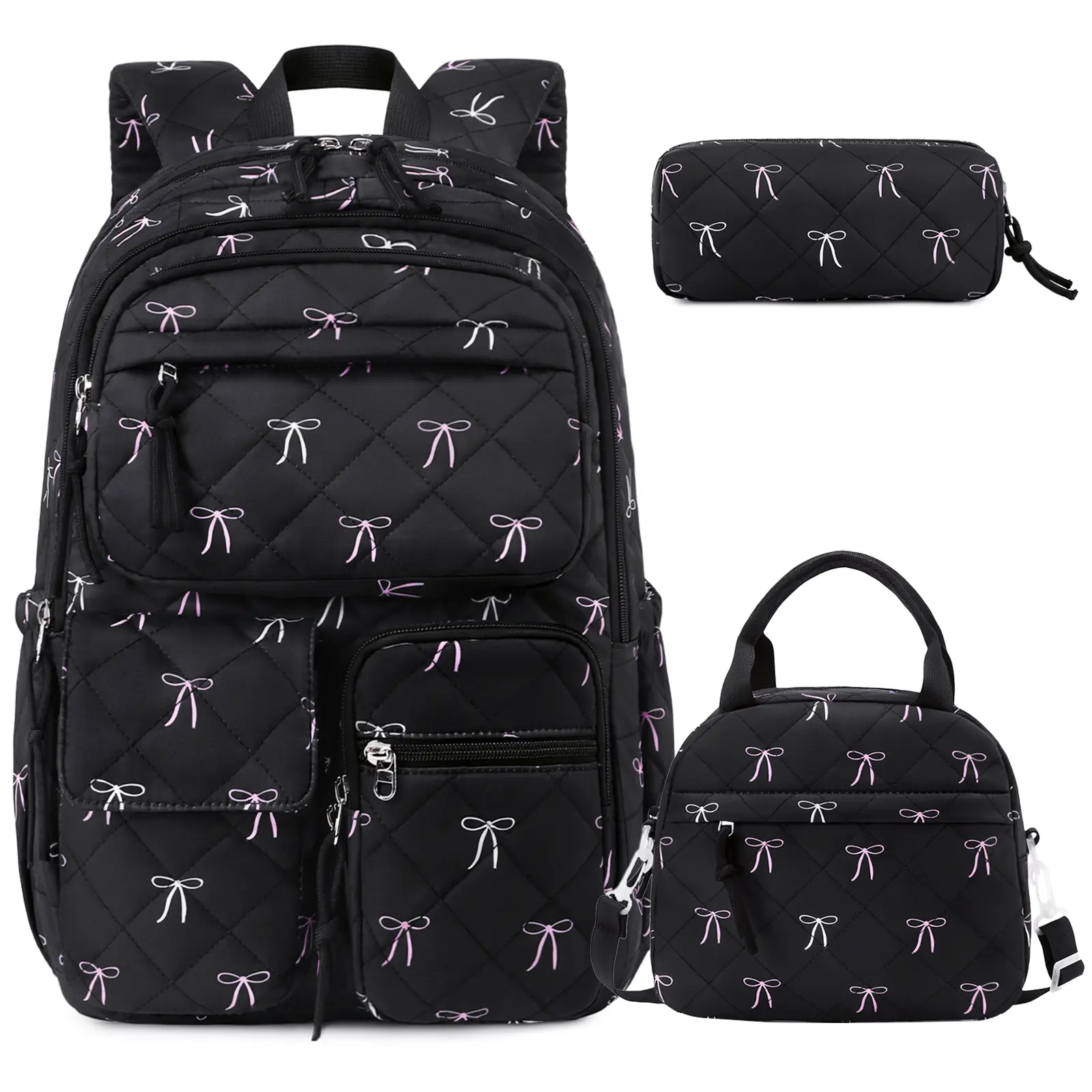 Similove 3PCS Quilted Floral Corduroy Backpack Bundle Set with Lunch Box & Pencil Pouch, School bag for Elementary Middle School,Back to School Gift,Birthday's Gift