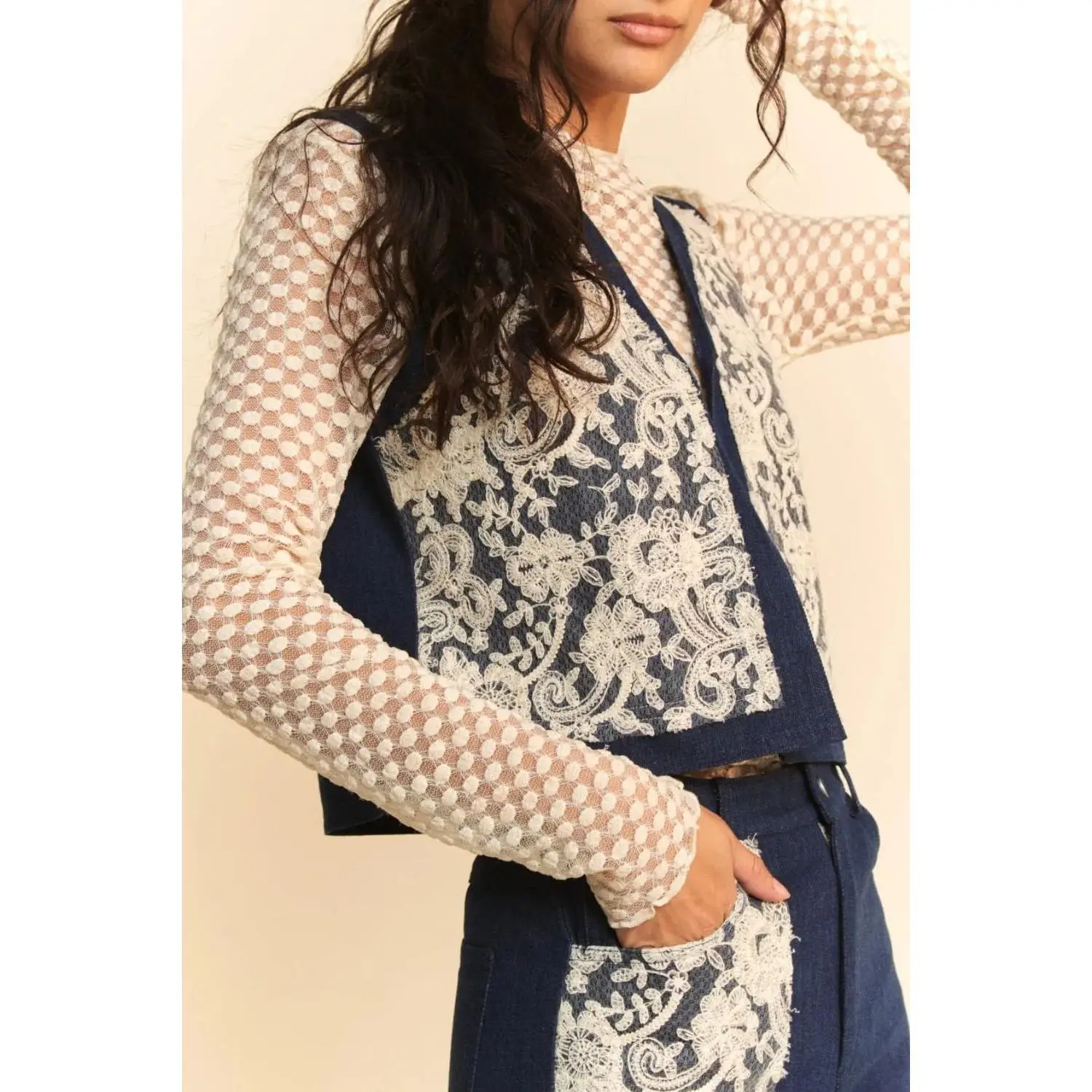 Davi & Dani Lace Patch Open Front Denim Vest