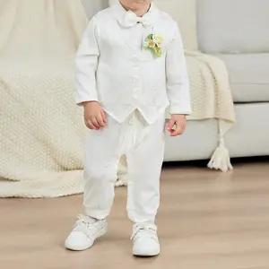 Baby Boy White Gentleman Outfit for Christening/Wedding – Formal Long-Sleeve Jumpsuit + Vest, 0–24 Months