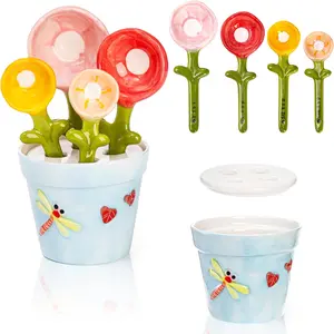5 count Ceramic Measuring Spoons and Cup, Flower Baking Scale Spoons with Base Set for Dry and Liquid Ingredient, 1/4 tsp, 1/2 tsp, 1 tsp, 1 Tbsp
