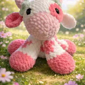 Adorable Pink and White Crochet Cow Plush Toy for Kids - Soft and Cozy Handmade Animal Doll