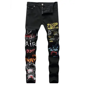 Men's Plus Size Graffiti Letters Print Stretchy Slim Fit Jeans With Pockets - Summer Lightweight Cotton Denim Pants For Casual Wear