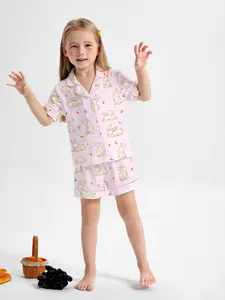 Easter Bunny Print Kids Fire Retardant Fabric Sleepwear Set, Cute Fashion Festival Party Pajamas, Short Sleeve Cardigan Top & Loose Shorts, Pastel Cute Pajamas, Printed Sleepwear Set