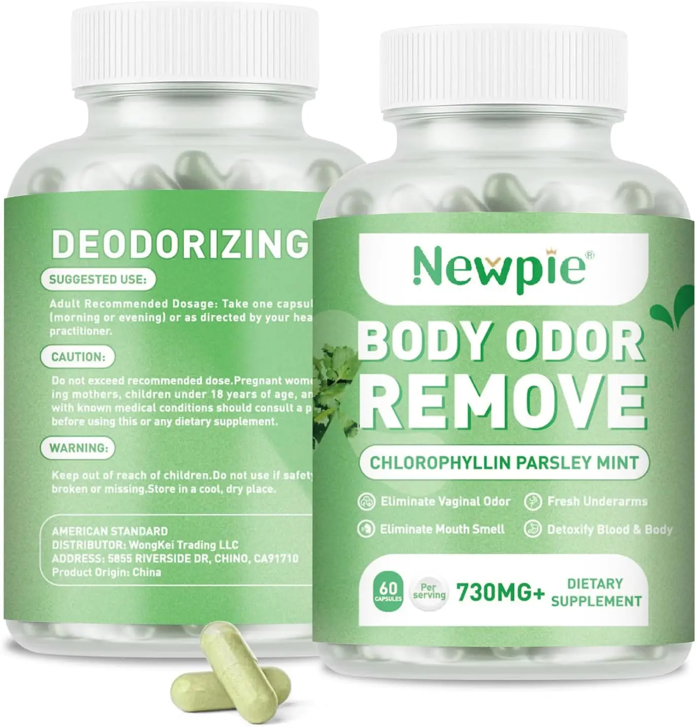 Newpie Dietary Chlorophyll Vitamin Capsules - Mint-Flavored Natural Detox Supplements with Parsley & Mint Herb Blend, Green Tea, GMP-Certified Mineral Support, Gut Odor Support, Breath Freshening, Skin Brightening, Gluten-Free, 60 Capsules for Adults