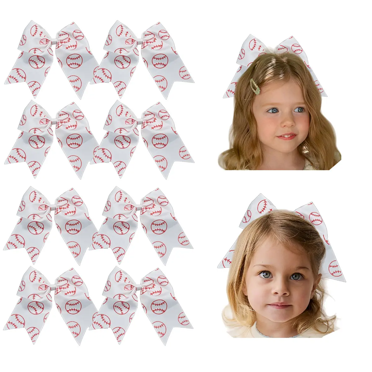 JoyBowie 8pcs Baseball Hair Bows for Girls  Red Stitch Print Ponytail Hair Ties | Sport Game Day Bow Accessories for Toddlers Kids, Baseball Team Outfit