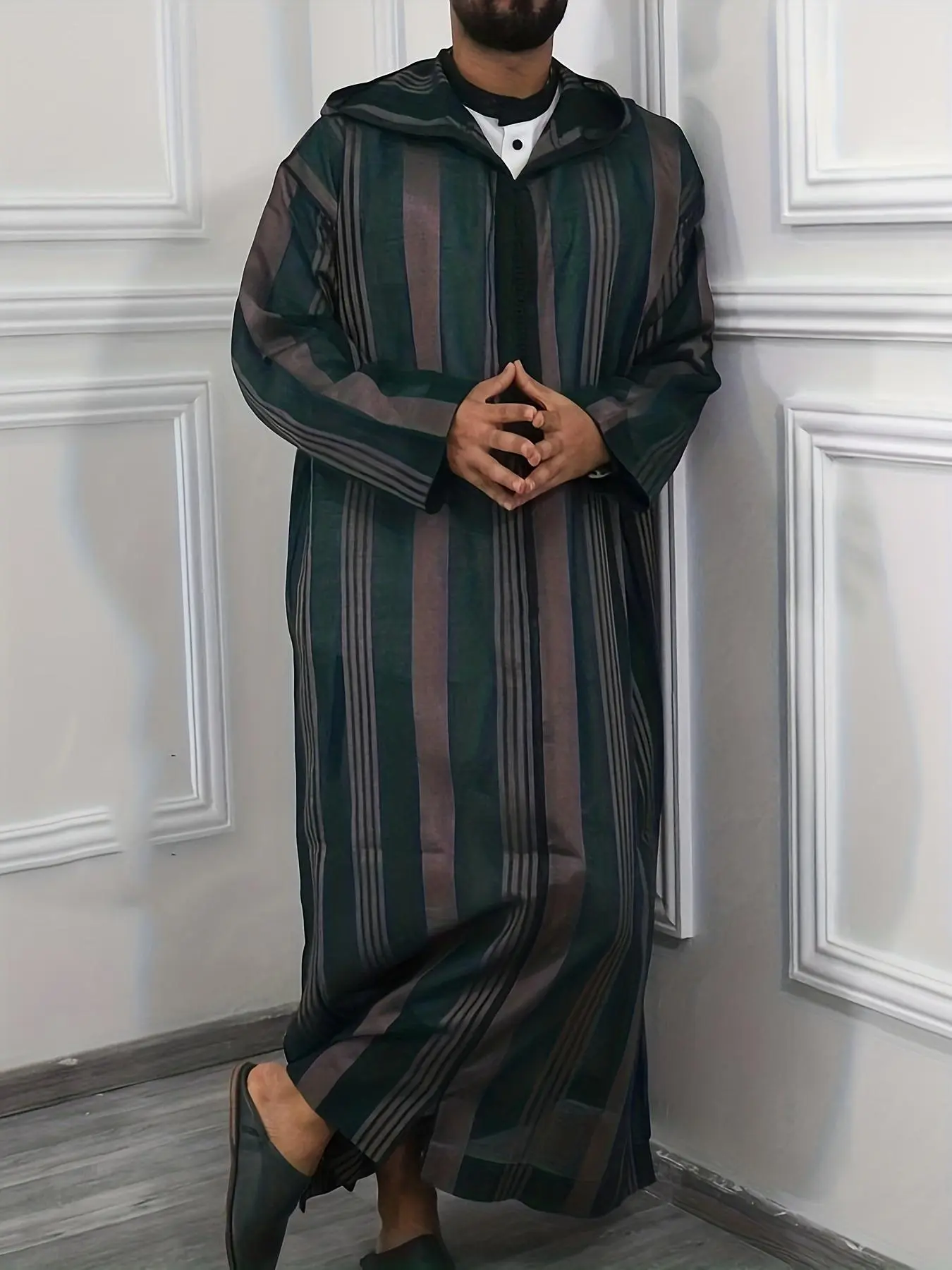 Men's Colorblock Striped Print Zipper Hooded Kaftan, Loose Casual Long Sleeve Muslim Clothing for Spring & Fall, Fashion Men's Islamic Clothing for Daily Wear, Modesty Thobe, Traditional Arabic Robe