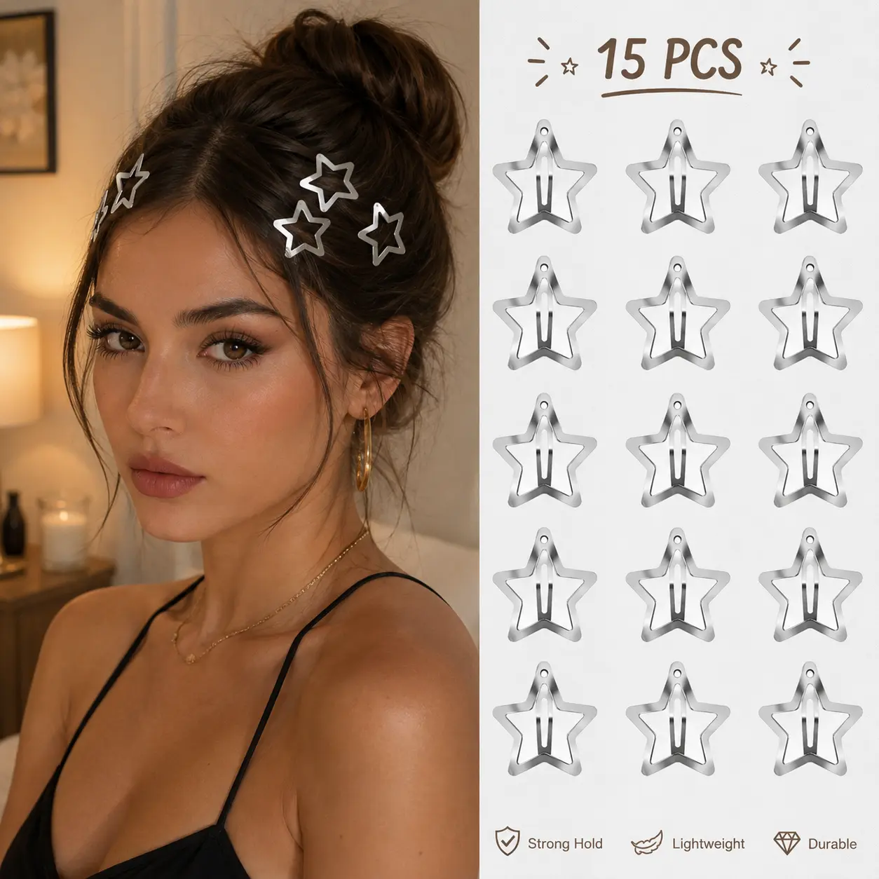 15PCS Star Hair Clips for Girls & Women, 2000s Style Silver Metal Snap Barrettes, Non-Slip Star Hair Accessories for Everyday Hairstyles