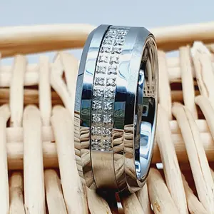 Men's Wedding Band - Silver Tungsten Ring with Simulated Diamond - 8mm Width