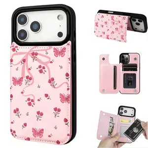 Simple, trendy, fashionable pink floral butterfly-themed shockproof leather card holder phone case,for iPhone 17 Pro Max Phone Case 17 Air 16 15 Plus 14 13 12 , Samsung Galaxy S25 ULTRA FE Plus S22 S23 FE S24 Plus