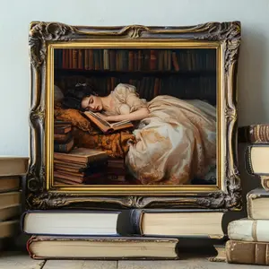 Victorian Woman Sleeping in Library Wall Art Painting, Moody Book Print, Vintage Dark Academia Poster, Antique Book Lover Gift Bookish Décor