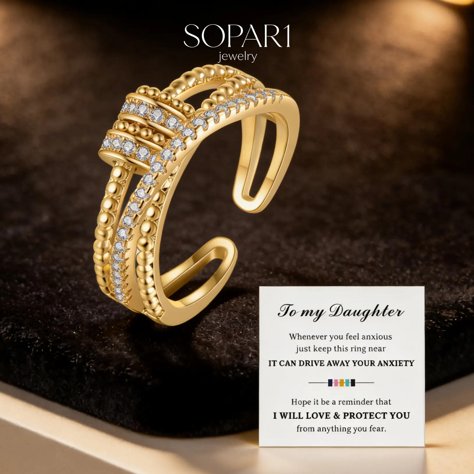 Golden Anti-Anxiety Ring with Beads Spinner - Fidget Ring for Girls - Perfect Gift for Your Daughter Stress Rings