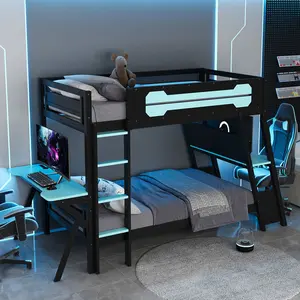 Bunk Beds Frame with Desk, Twin Over Twin Gaming Bunk Bed with Two Built-In Gaming Desks, USB Desktop Ports & Pegboard Organizer, Solid Wood Loft Bunk Bed Frame, Study & Play Space, Blue