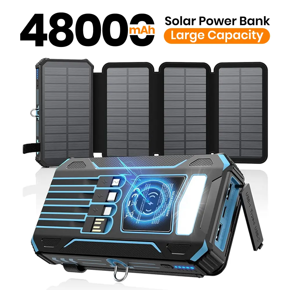 Solar Power Bank Solar Charger 48000mAh 3A Fast Charging Phone Charger External Battery Pack 3 Outputs Solar Portable Charger for Cellphone Tablet