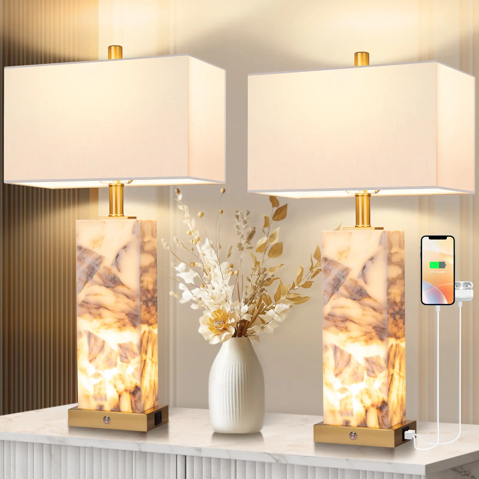 FLOWGO Natural Marble Table Lamps 2 PC: 3-Color Temperatures Alabaster Lamp with Nightlight, Modern Table Lamp, Nightstand Lamp, Bedside Lamps with USB Ports, Bedroom Lamps for Night Stands End Table Lamps for Living Room, Bulbs Included