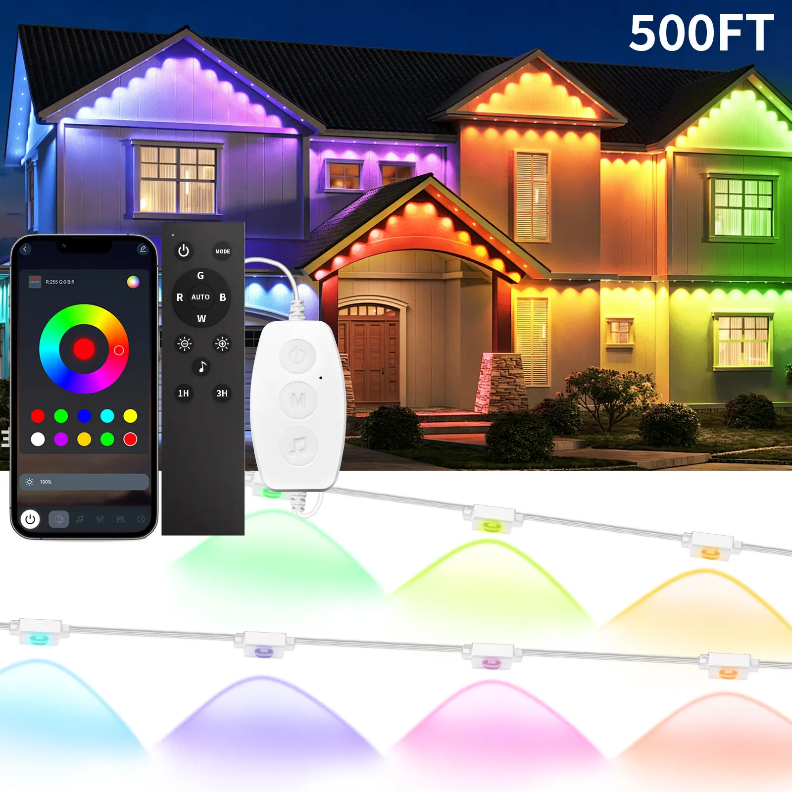 IP67 Waterproof RGB-IC Permanent Outdoor Lights, 16.4FT-500FT Smart Eaves Lights with App/Remote Control, LED IP67 Waterproof Outdoor Lighting for Halloween Christmas Holidays Daily Party House Roof Lighting Summervibes