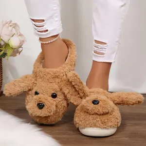 Women's Slippers Plush Slides Cartoon Dog Cute Winter Warm Indoor Outdoor Home Fleece Shoes with Rubber Sole Mini Snow Boots