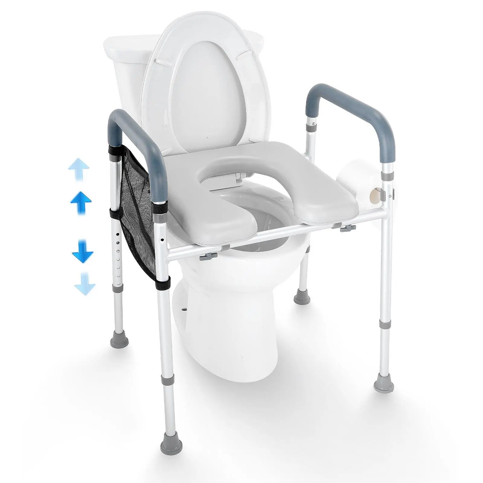 7-Position Adjustable Raised Toilet Seat, 19.3"-25.2" Height Adjustable Floor Standing Toilet Riser, 350 LBS Capacity Padded Aluminum Frame Universal Toilet Seat for Elderly, Handicap, Pregnant Women & Medical Care