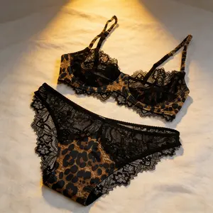 Women's Leopard Print Satin Lace Bra Set - Large Bust Minimizing Push-Up Anti-Sagging