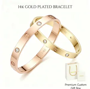 14K Gold Plated Classic Love Bangle Bracelet, Minimalist Stackable Cuff, Daily Wear Luxury Jewelry Gift for Women Men
