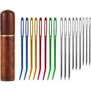 17pcs Large Eye Sewing Needles Kit, Stainless Steel Large-Eye Blunt Needles & Bent Tapestry Needles, Sharp Tapestry Needles Hand Knitting Needles with Wooden Needle Case for Crochet Projects