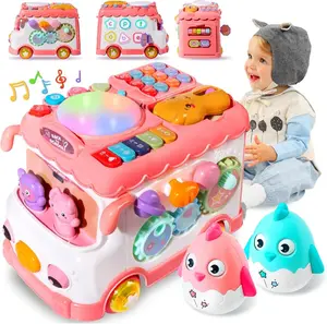 Toys for 1 Year Old Girl Gifts, 10-in-1 Montessori Toys Bus for Baby 6-12 12-18 Months, Educational Musical Learning Toddler Toy Age 1-2, 1st First Birthday Gifts for Girls and Boys, Pink