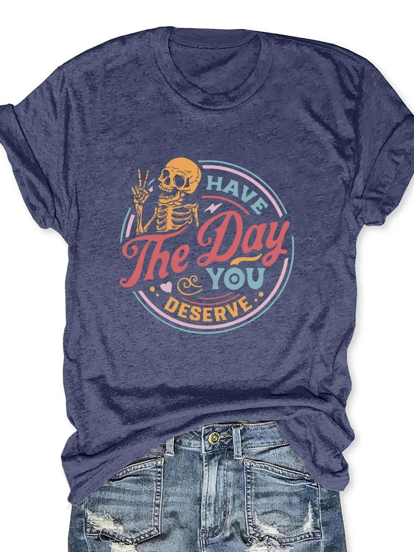 Women's Cartoon Skeleton & Letter Print Round Neck Tee, Summer T Shirts for Women, Fashion Casual Crew Neck T-Shirt for Daily Holiday Vacation Outdoor