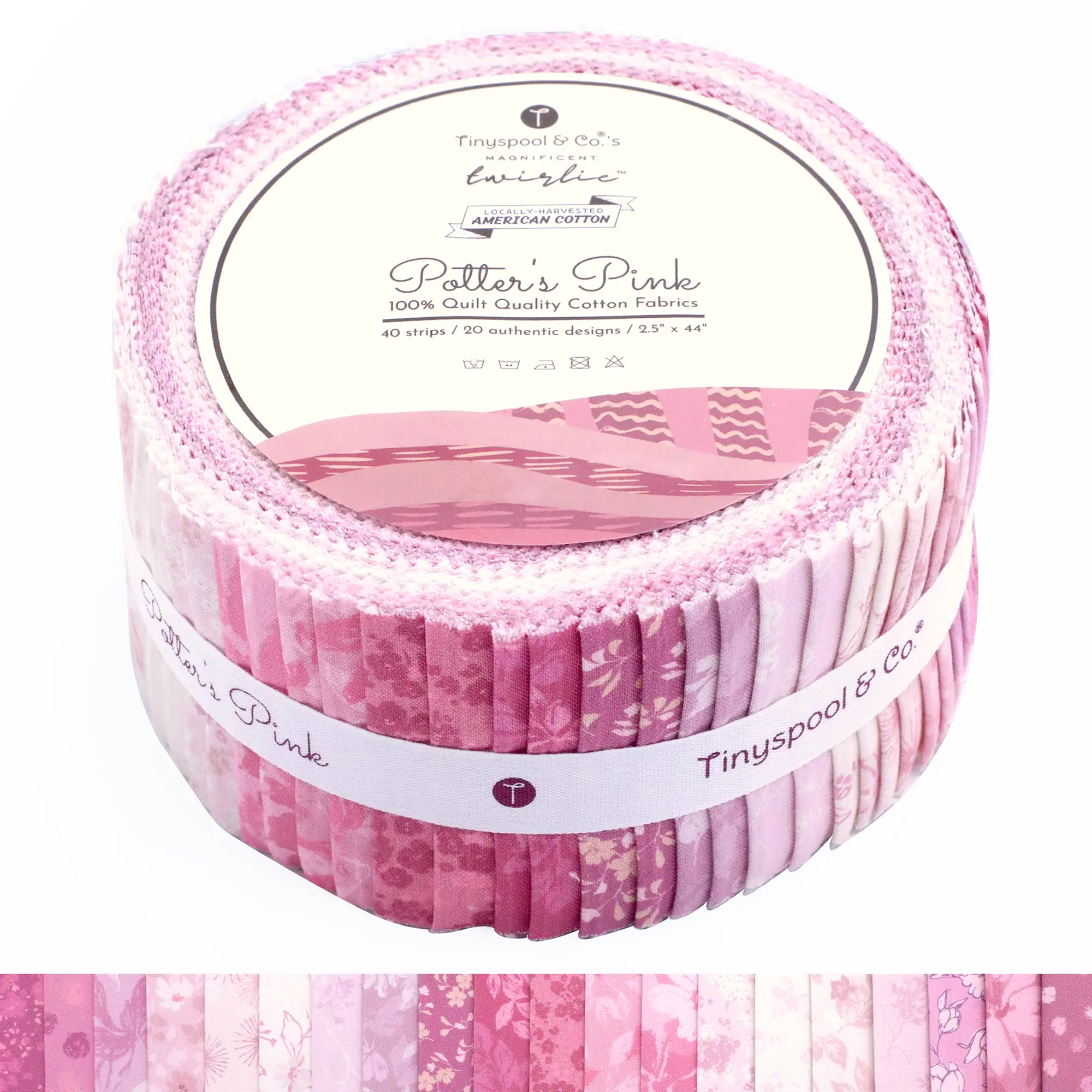 Tinyspool & Co. Potter's Pink Twirlie Roll Quilting Fabric Strips 40 Assorted Bundle Soft 100% American Cotton OEKO-TEX Certified for Quilting Crafting Sewing Home Decor Purse Making