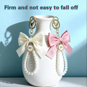 Elegant Bow Pearl Keychain Set with Wristlet Tassel for Women Girls Cute Beaded Decor Keychain for Bag Car Keys Trendy All-match Accessory Birthday Gift