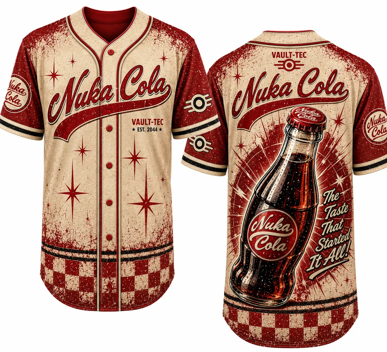 Fallout Nuka Cola Baseball Jersey | Vintage Vault-Tec Graphic Button Up Shirt for Men & Women | Retro Cosplay Gaming Streetwear