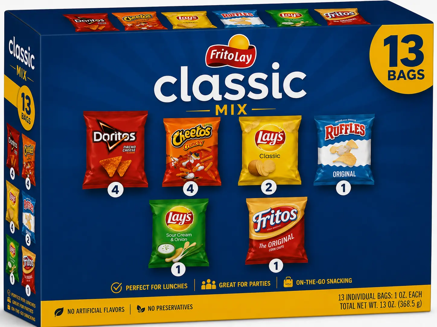 Classic Snack Mix Variety Pack, 13 Individual Bags – 4 Doritos Nacho Cheese, 4 Cheetos Crunchy, 2 Lay's Classic, 1 Ruffles Original, 1 Lay's Sour Cream & Onion, 1 Fritos Original, Assorted Single-Serve Chips