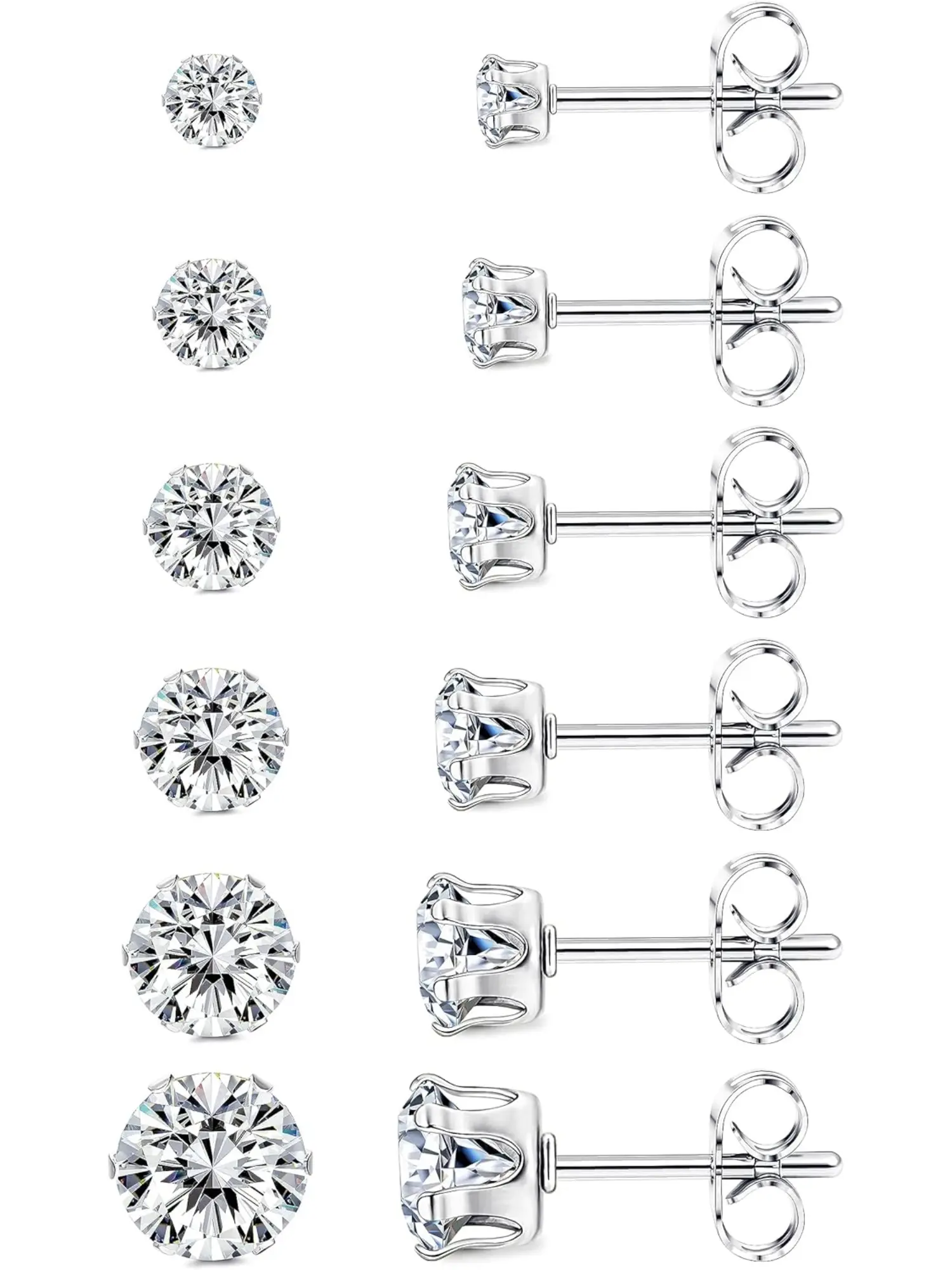6 Pairs Titanium Stud Earrings for Women Men Cubic Zirconia Hypoallergenic Stud Earrings Set for Sensitive Ears 3-8mm Stud Earring Jewelry Earring Studs