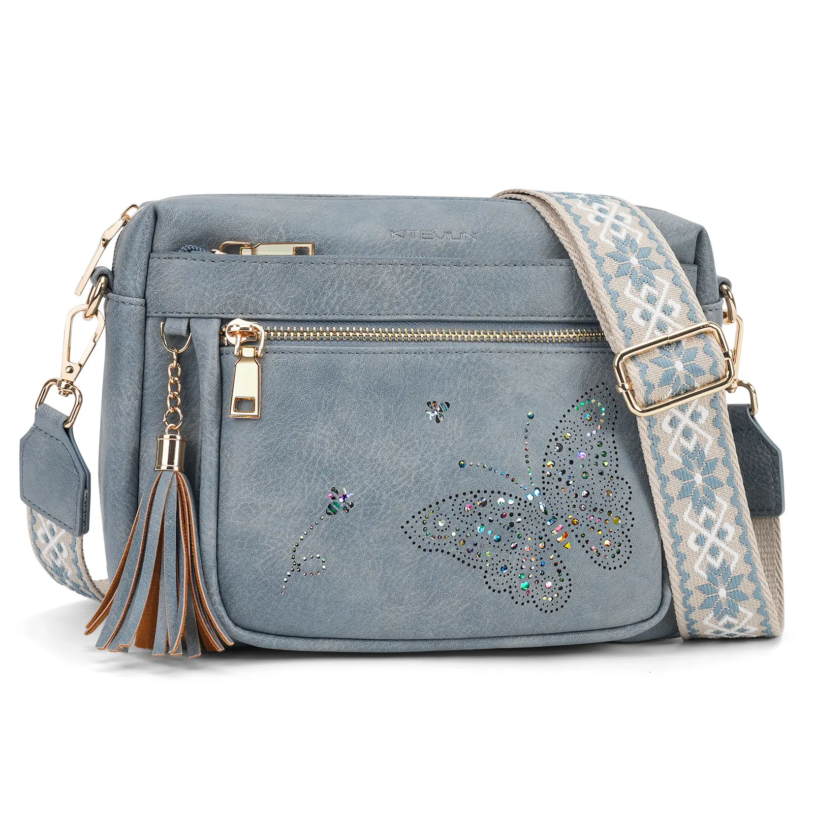 Women's Butterfly Crossbody Purse - Sparkling Cutout Embellished Vegan Leather Elegant Shoulder Bag with Wide Adjustable Strap, Fashionable Crossbody Purses for Women, Adjustable Strap Bag