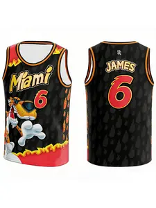 Miami LeBron James #6 Cheetos Chester Cheetah Cartoon Print Basketball Jersey Black Flame Breathable Mesh Sleeveless Athletic Tank Top for Heat Fans, James Supporters Wade Jersey Bosh Jersey Special Edition jersey