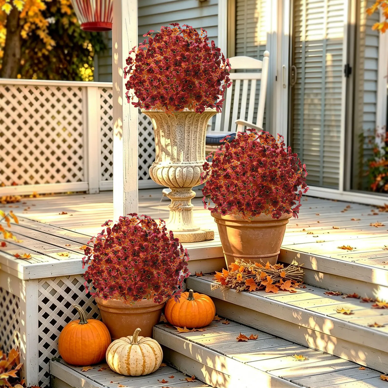2Pcs Artificial Fall Flowers with Spikes for Outdoors, Fake Plants | UV Resistant,20" Faux Topiary Ball Violet Bushes with Ground Spikes, Mixed Orange, Brown & Yellow Fall Tones,Indoor & Outdoor