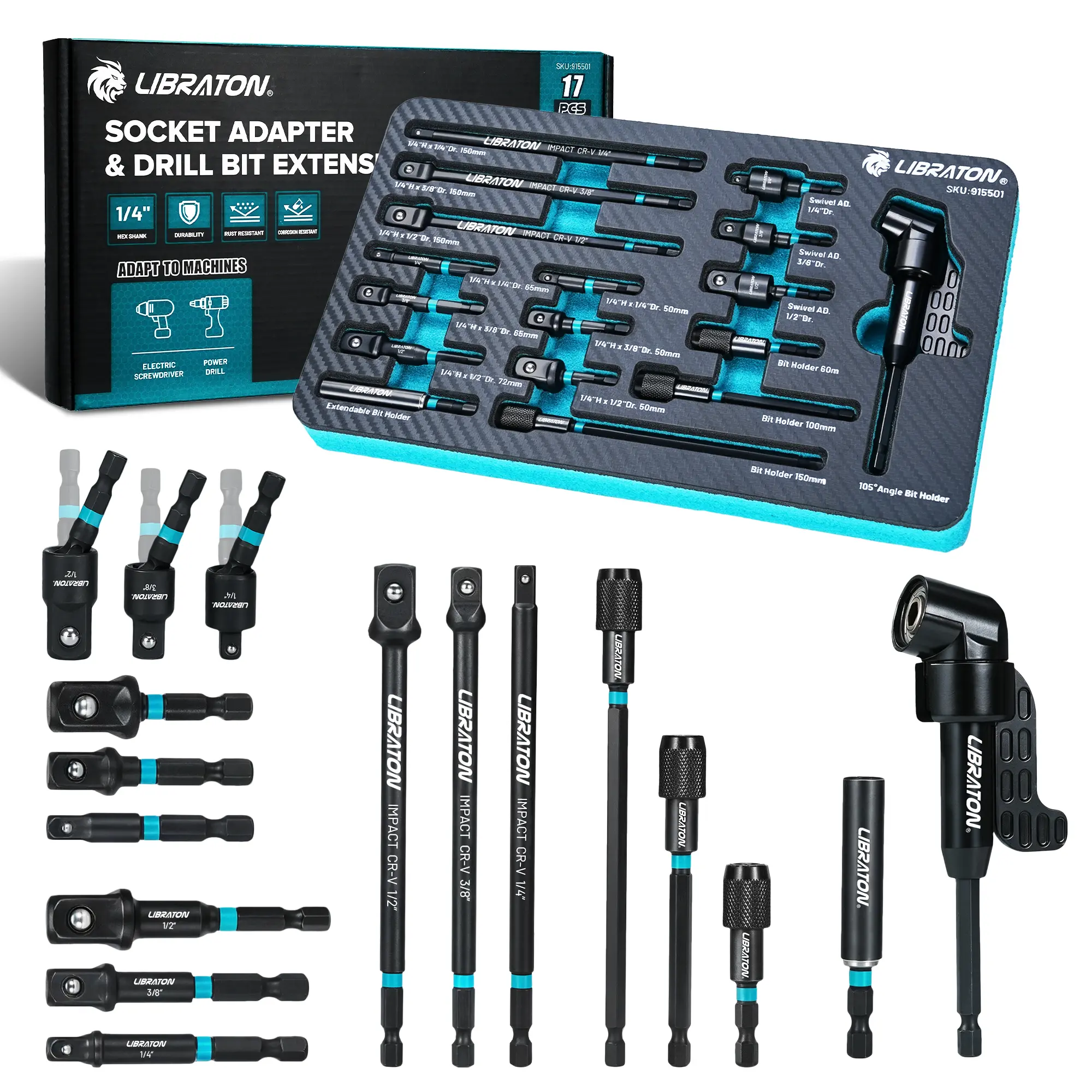 LIBRATON 17PCS Impact Grade Heavy Duty CR-V Steel Socket Adapter Set - 1/4, 3/8, 1/2 Square Drive, Drill Bit Extension, Swivel Joint, Quick Release Bit Holder, Right Angle Attachment with Magnetic Stability for Auto Repair, DIY Users, Impact Driver